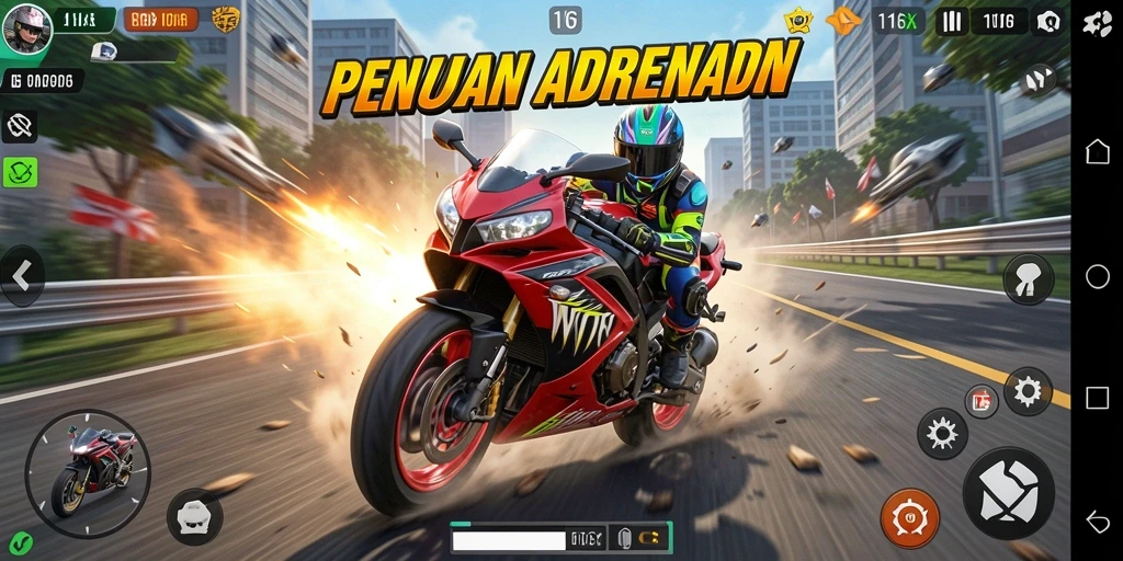 Tampilan gameplay seru di 116X saat balapan motor.