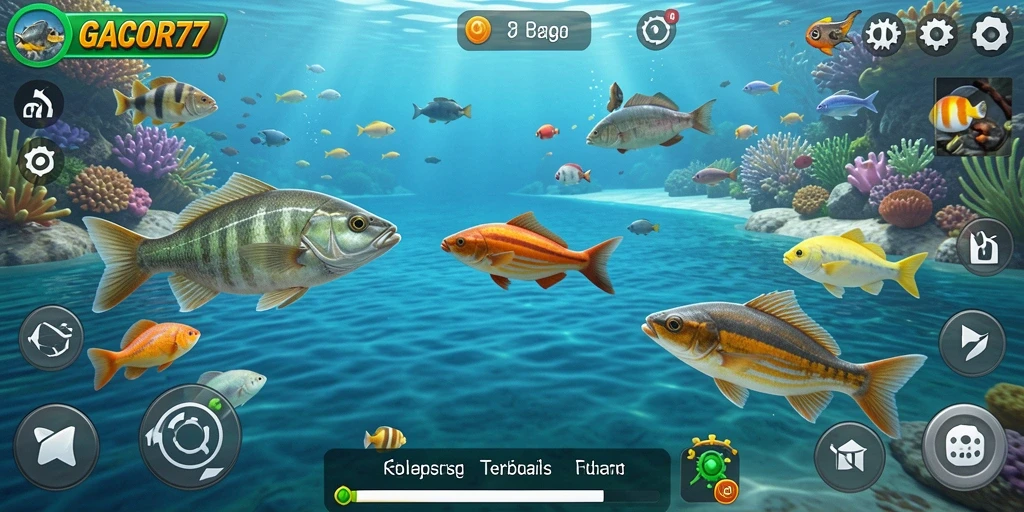 Tampilan gameplay GACOR77 menampilkan keindahan bawah laut saat memancing.