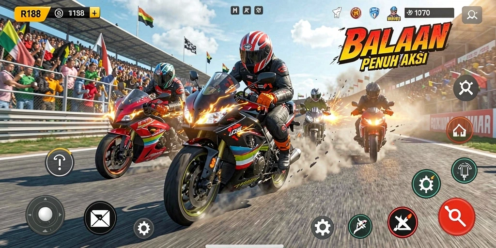 Tampilan gameplay seru dalam balapan motor yang mendebarkan.